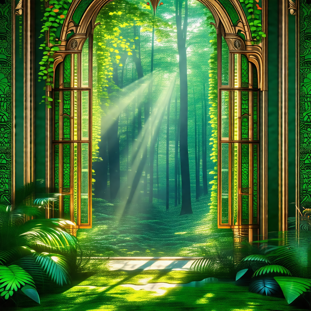 Lush green forest with a beautiful sunlight shining throu...
