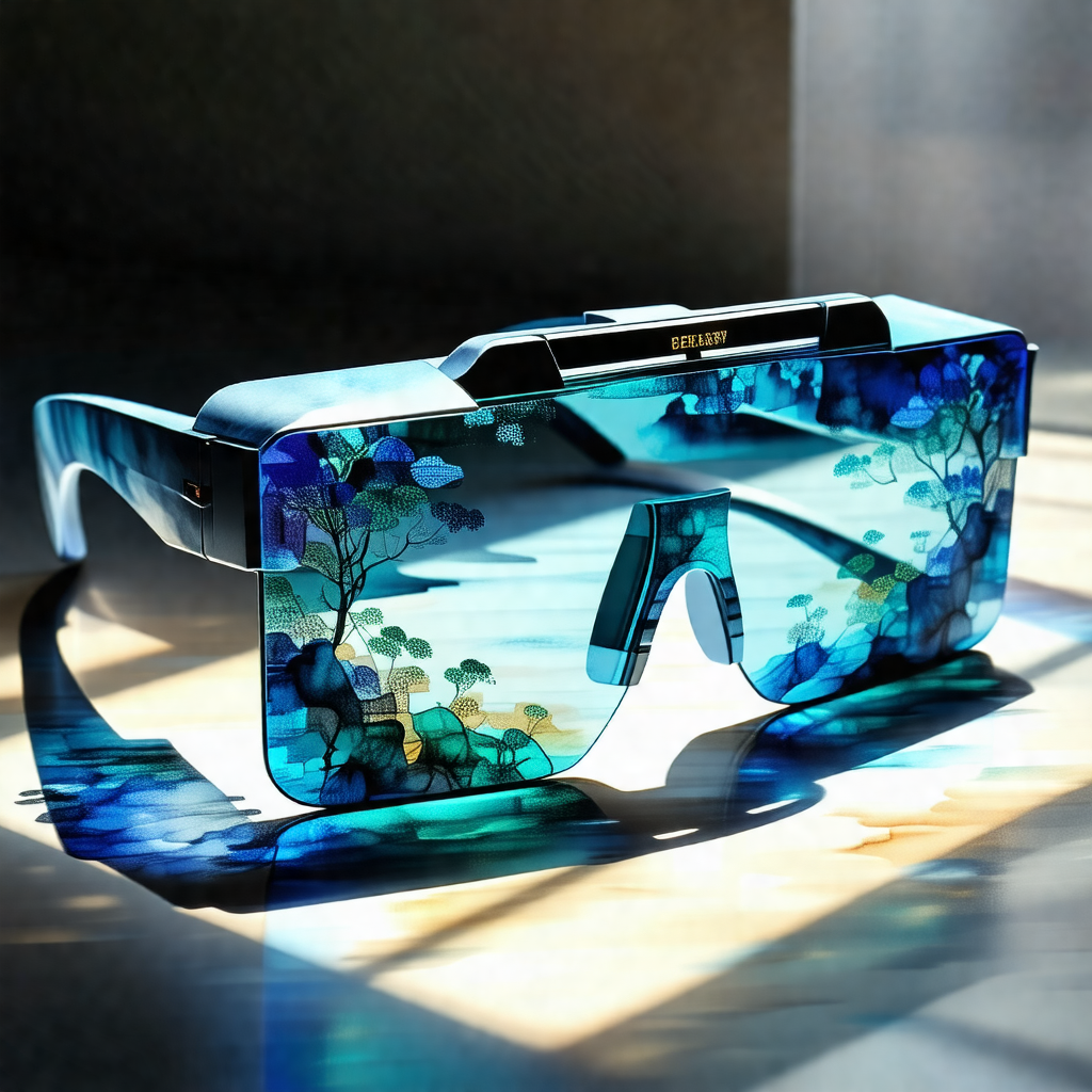 Pair of blue sunglasses with a tree design on the lenses