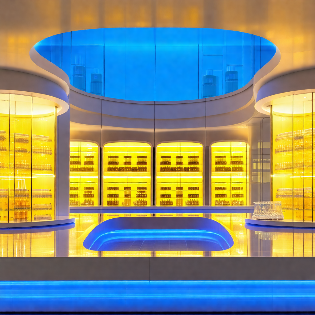 Large, well-lit room with a blue-lit display case