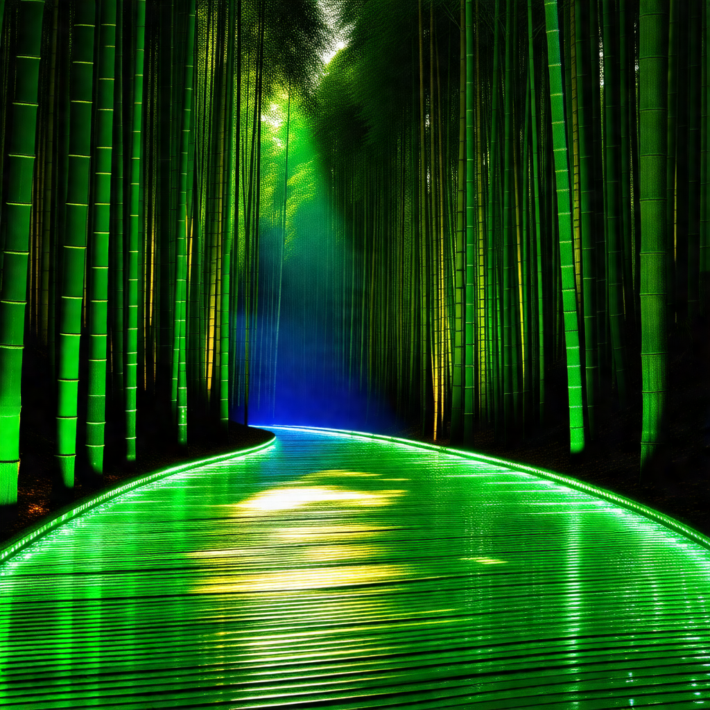 Long, narrow pathway that is illuminated by a green light
