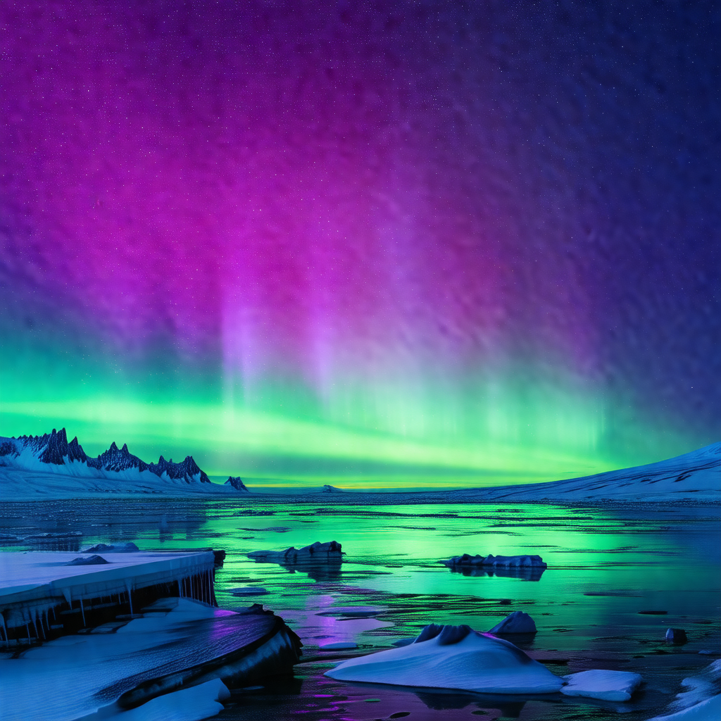 Captures a beautiful scene of a frozen lake at night, wit...