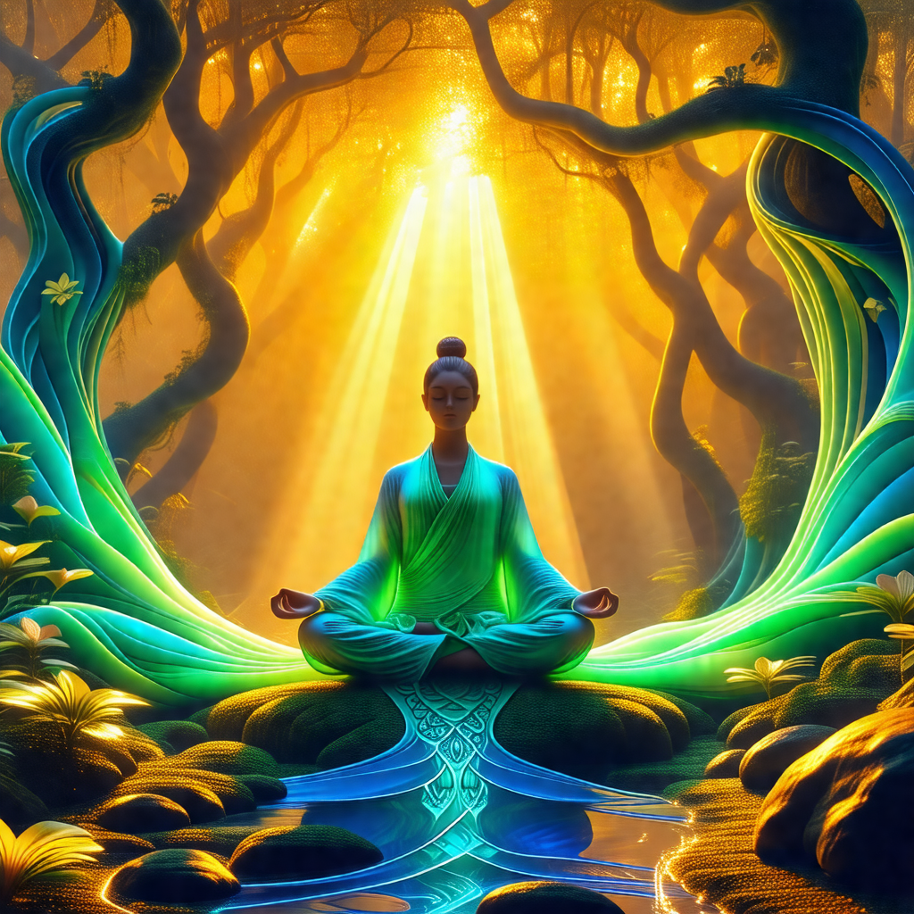Woman sitting in a lotus position, surrounded by a serene...