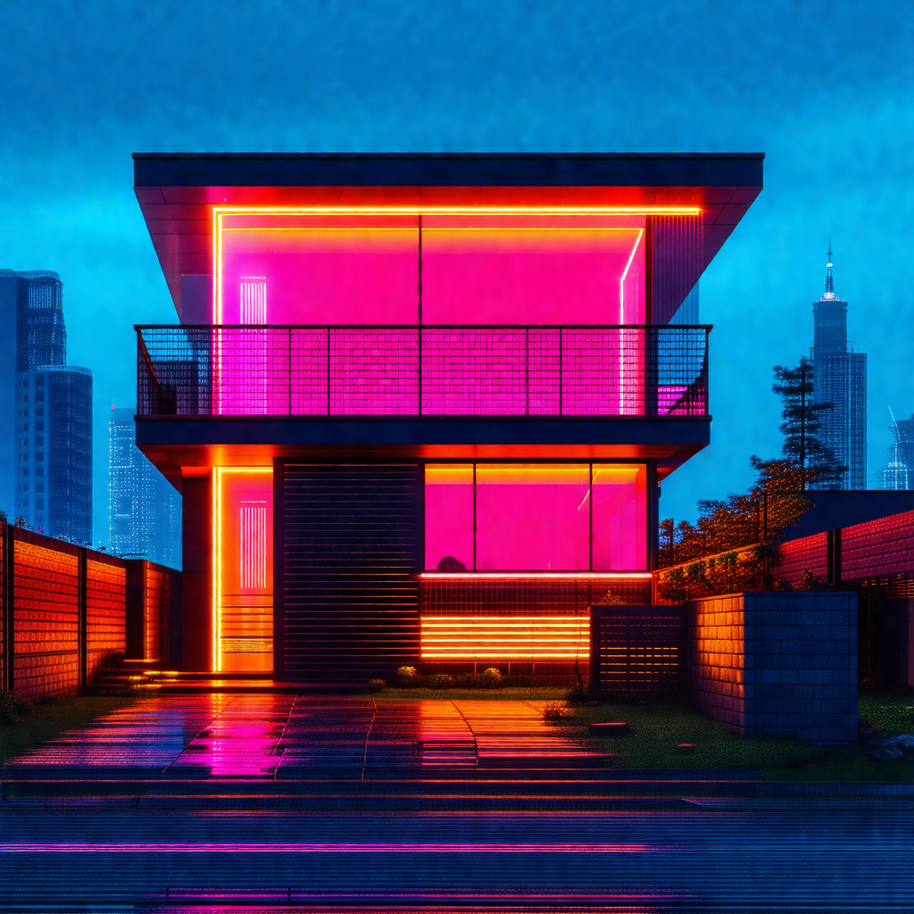 Large, modern-looking house with a unique pink and purple...