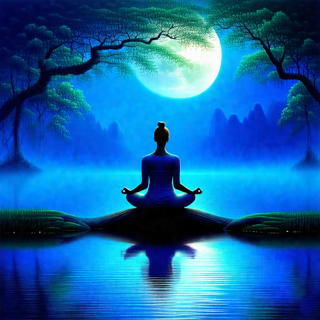 Woman sitting in a lotus position on a rock in a serene e...