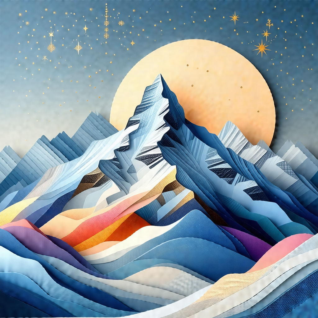 Large, colorful mountain with a moon in the background