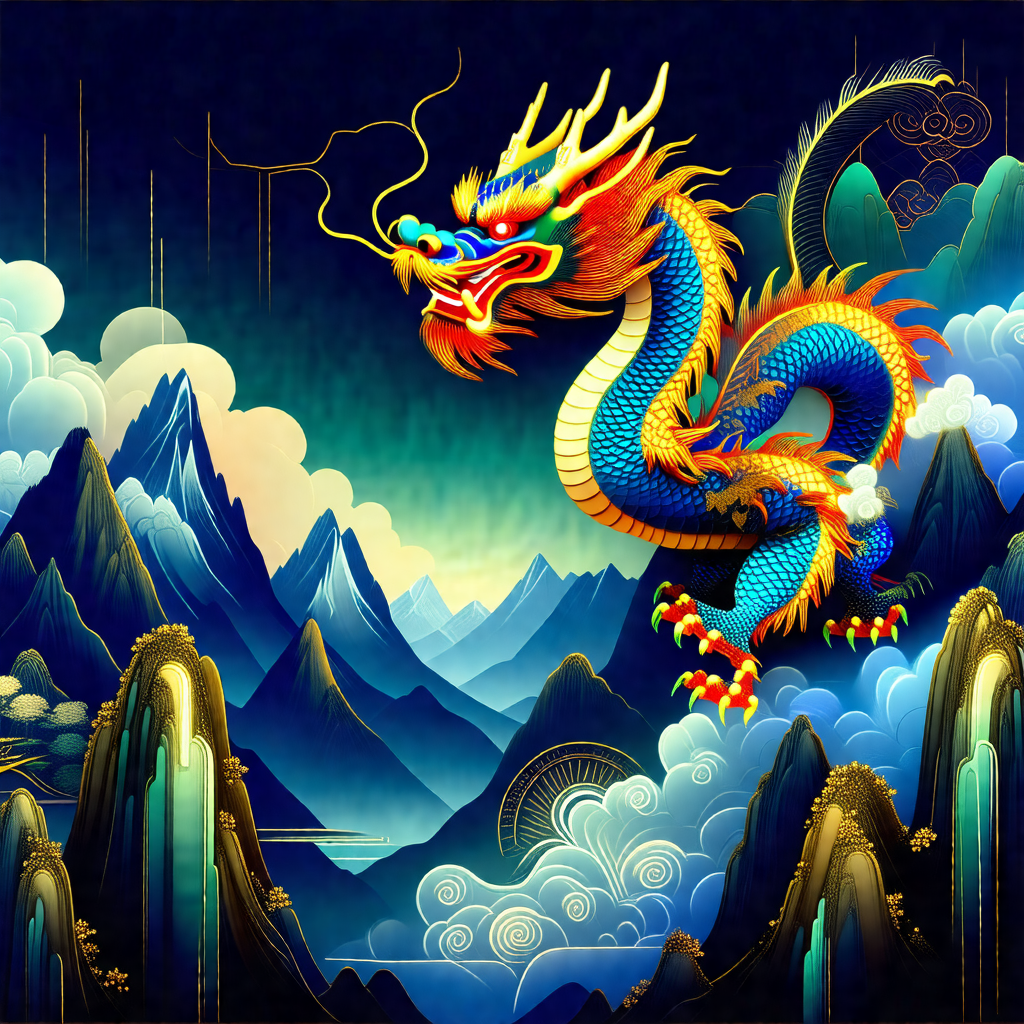 Large, colorful dragon flying over a mountain range