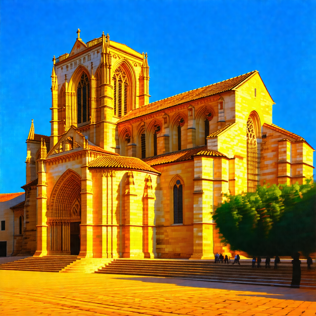 Large, old church with a tall tower and a cross on top