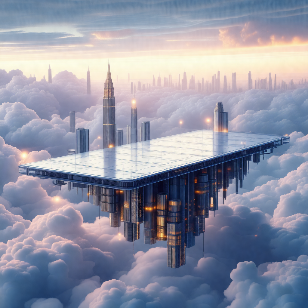 Futuristic cityscape with a large, floating building in t...