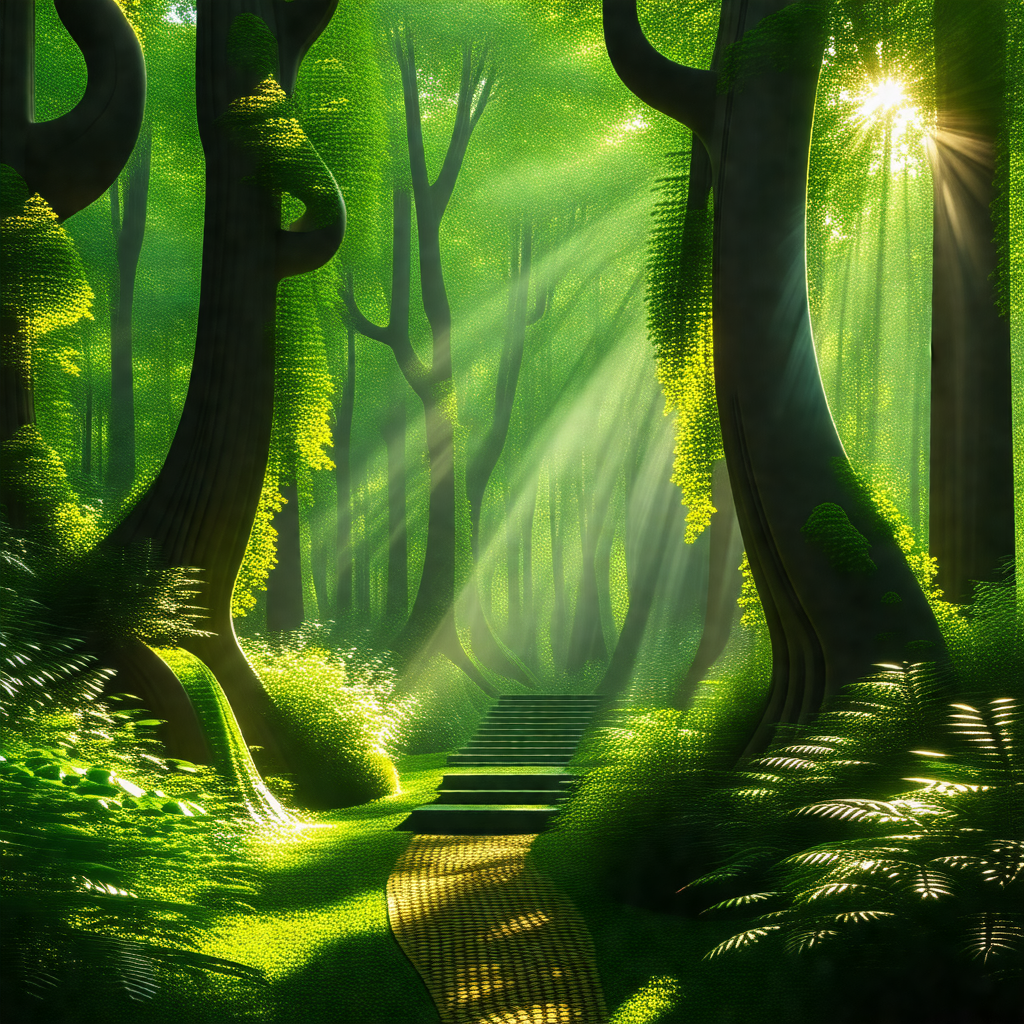 Painting of a forest path with a yellow brick road
