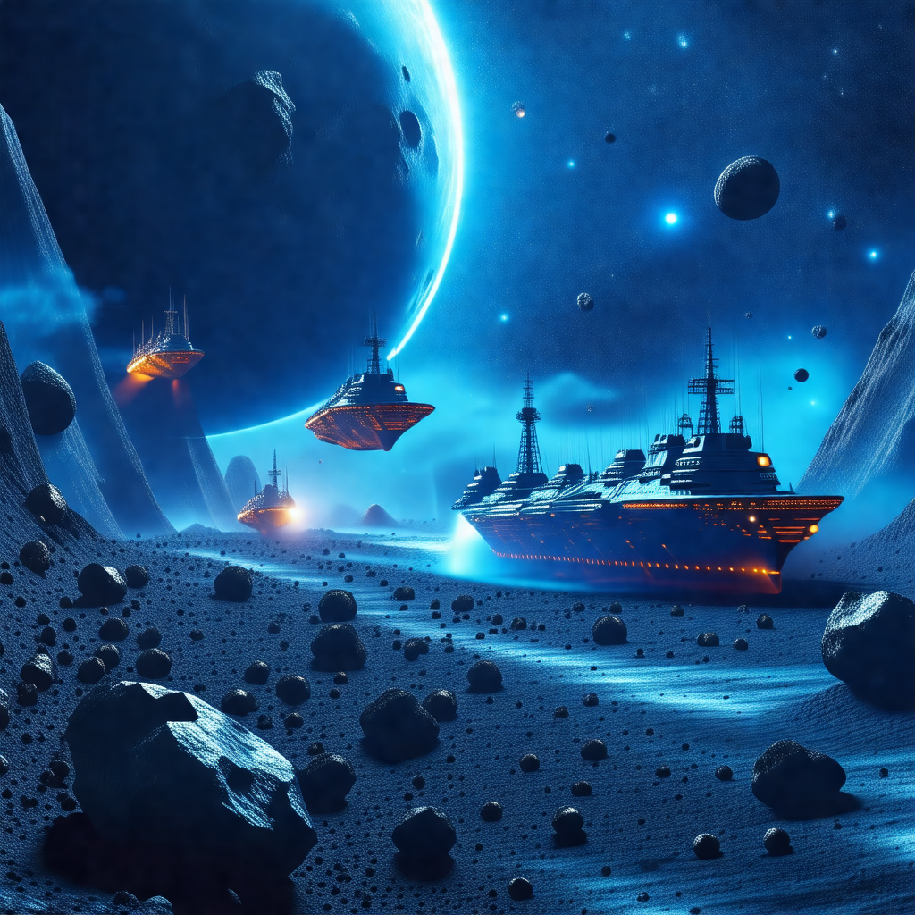 Futuristic scene with a large spacecraft floating in the sky