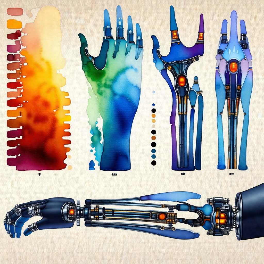 Colorful illustration of a robotic arm with various color...