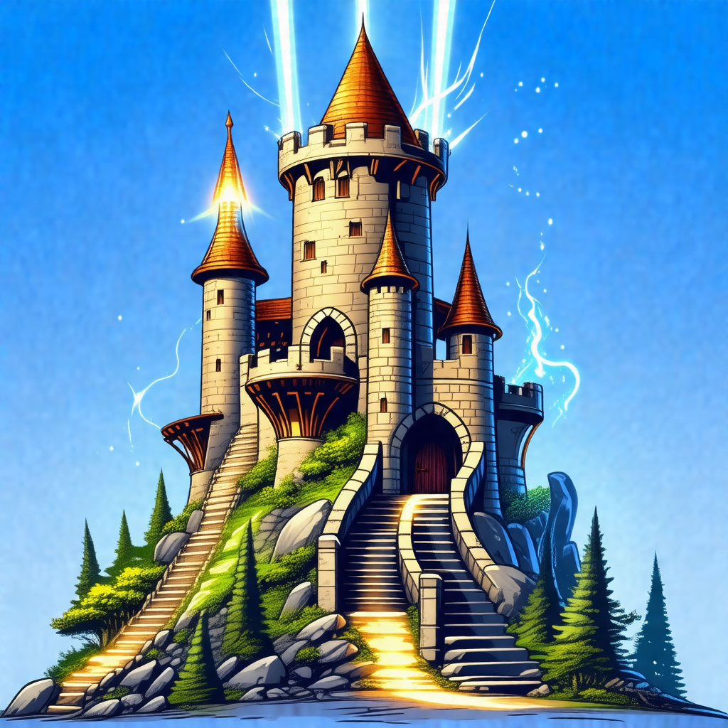 Large, colorful castle with a moat and a drawbridge