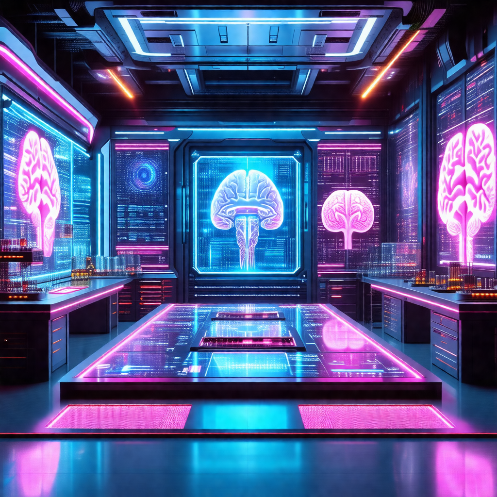 Futuristic laboratory with a pink and blue color scheme