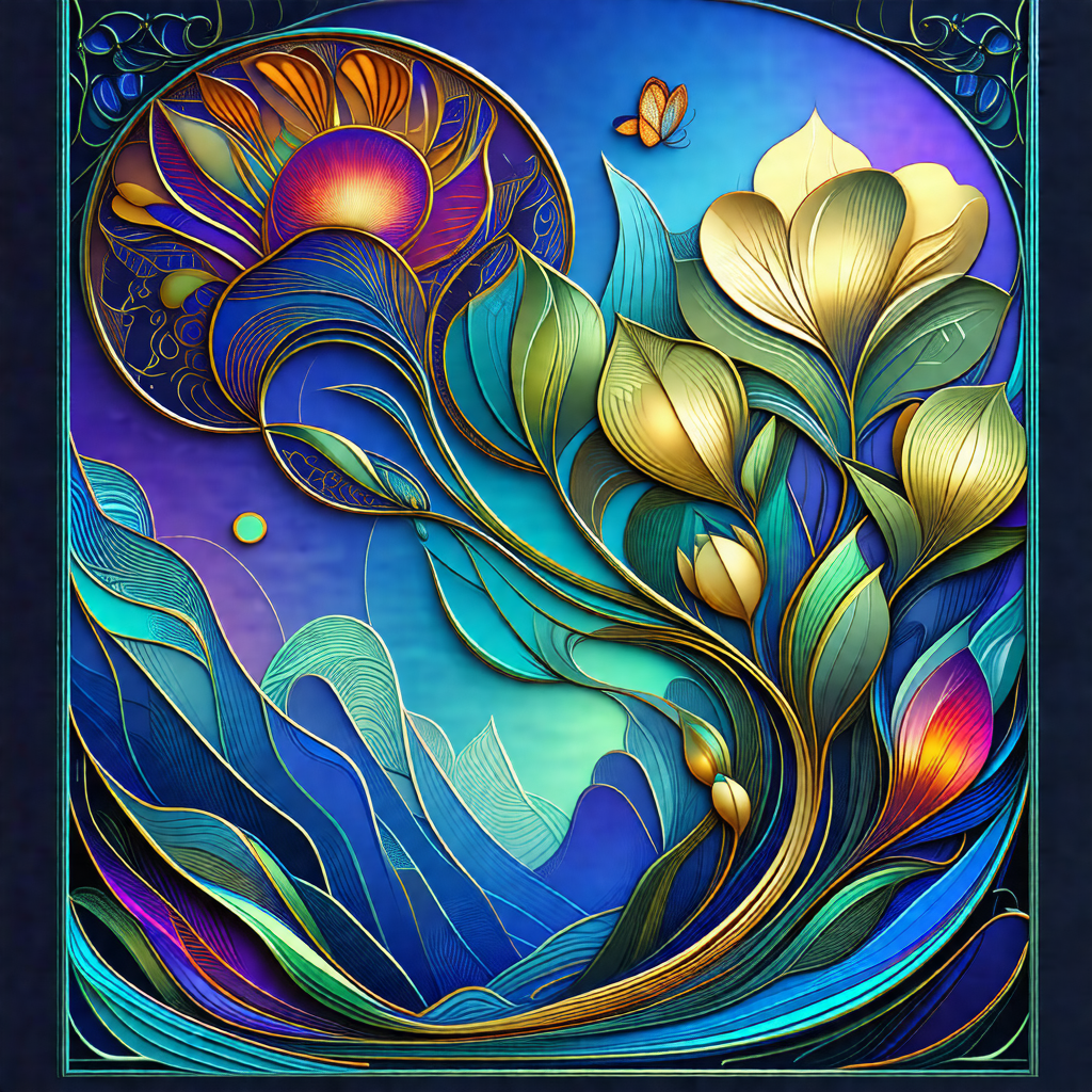 Colorful and intricate painting of a tree with a butterfl...
