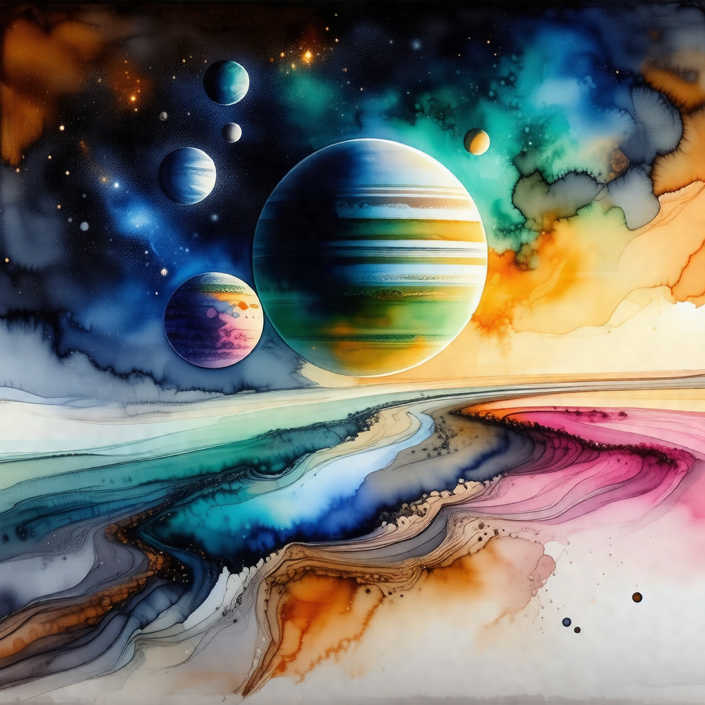 Painting of a planet with three moons and a sun