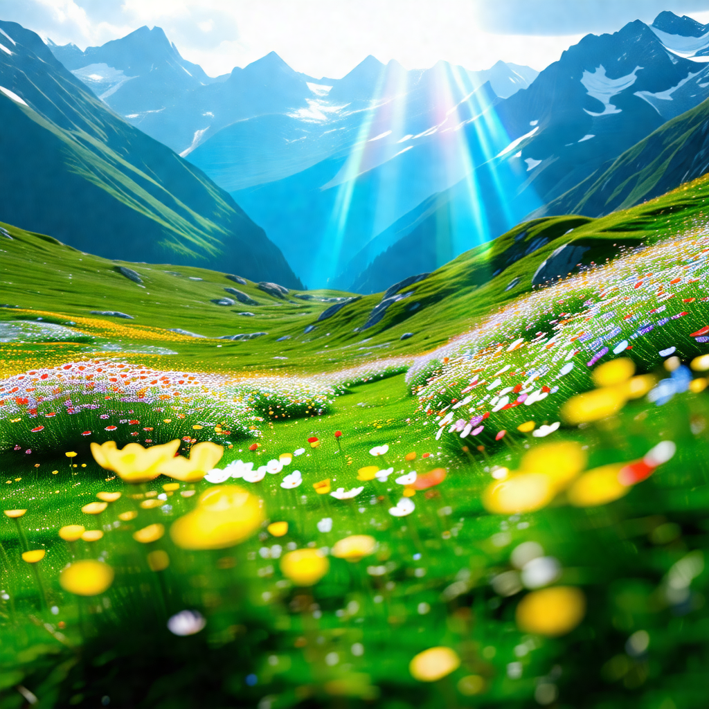 Beautiful, lush green field with a mountain range in the ...