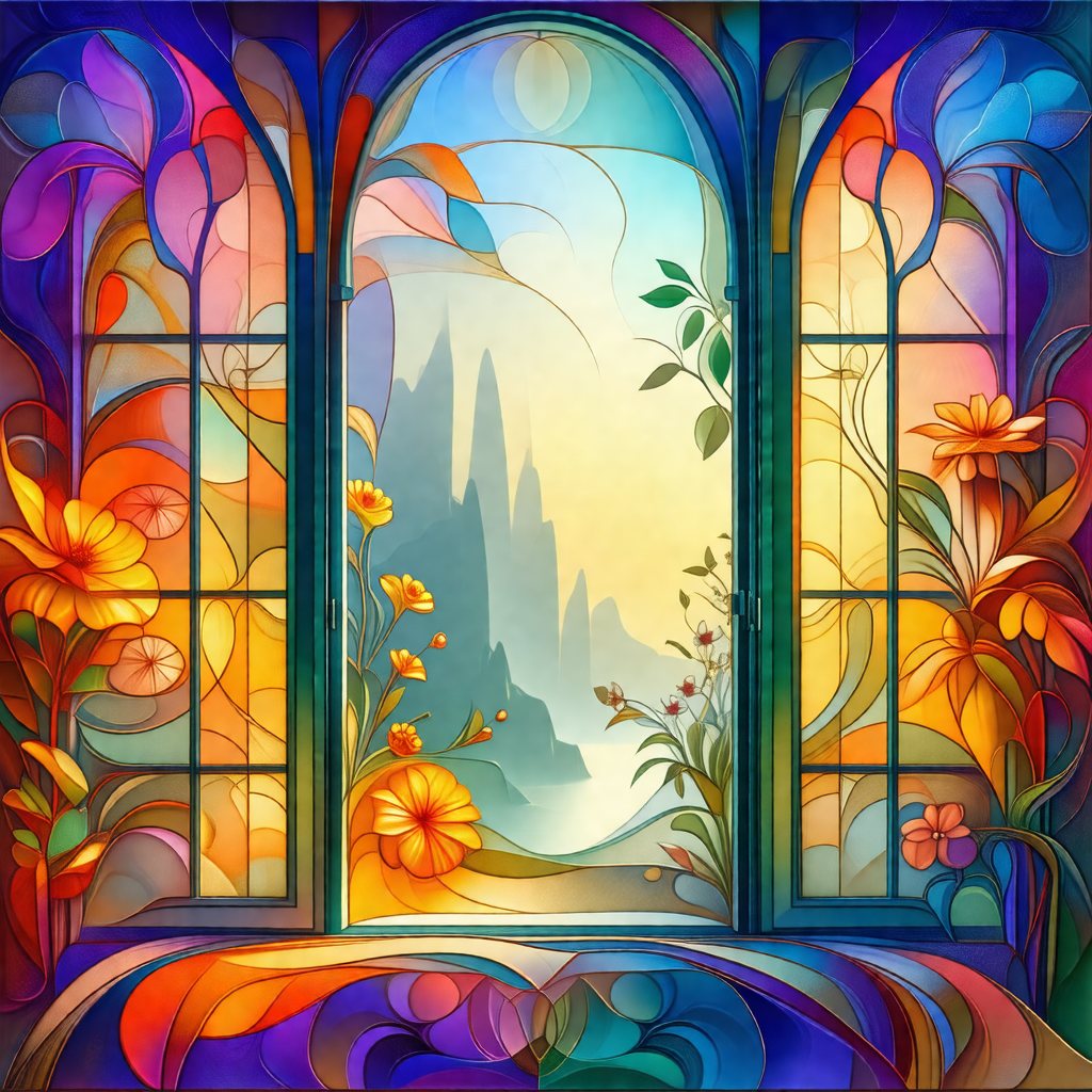 Stained glass window with a beautiful view of a mountain ...
