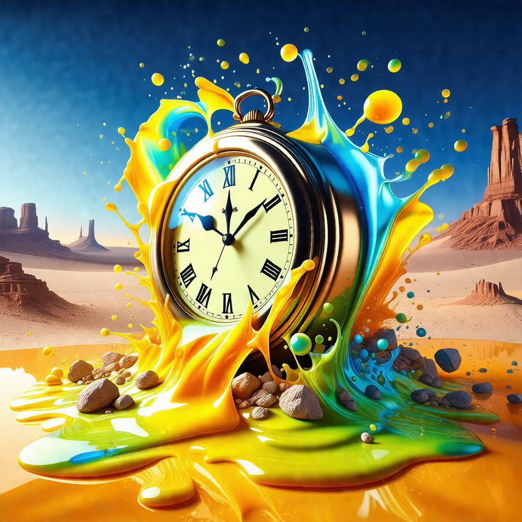 Clock that is surrounded by a colorful, liquid-like subst...