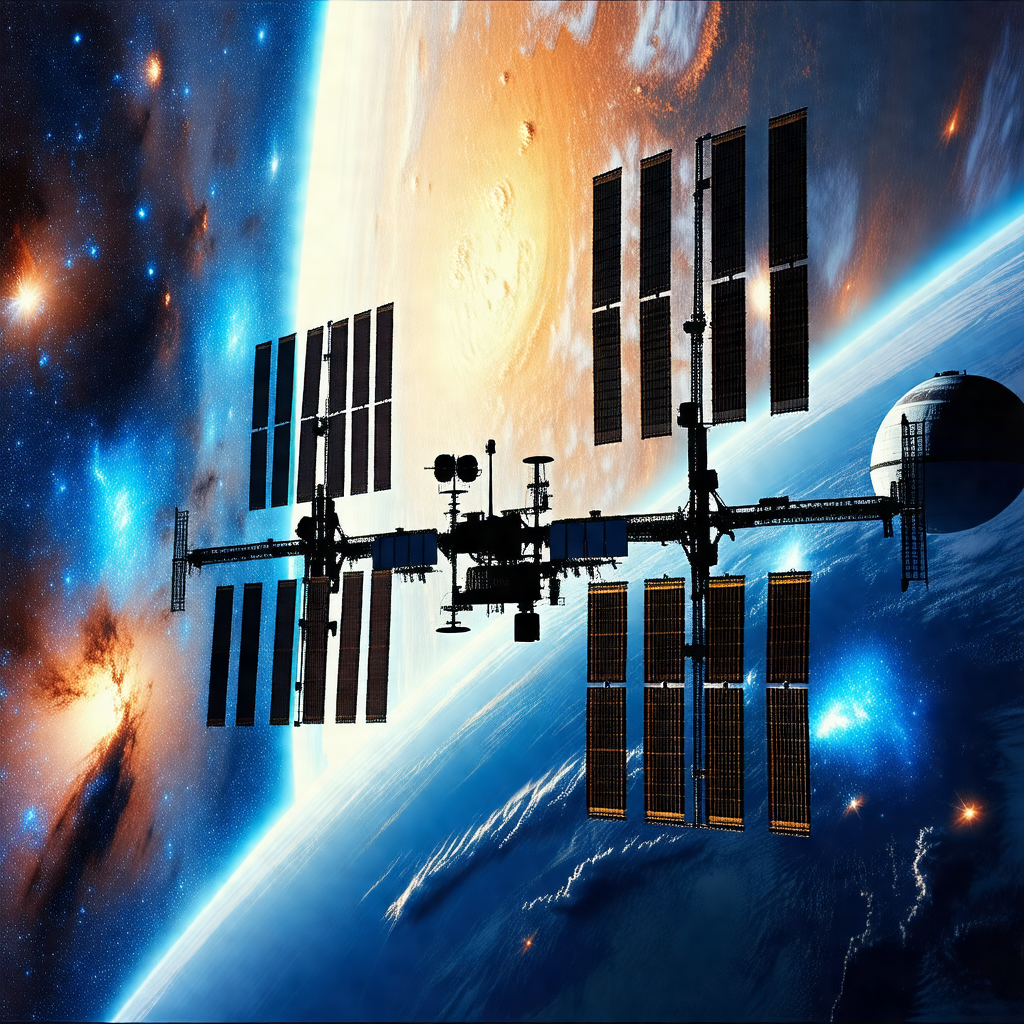 Space shuttle with a large satellite on top of it, flying...