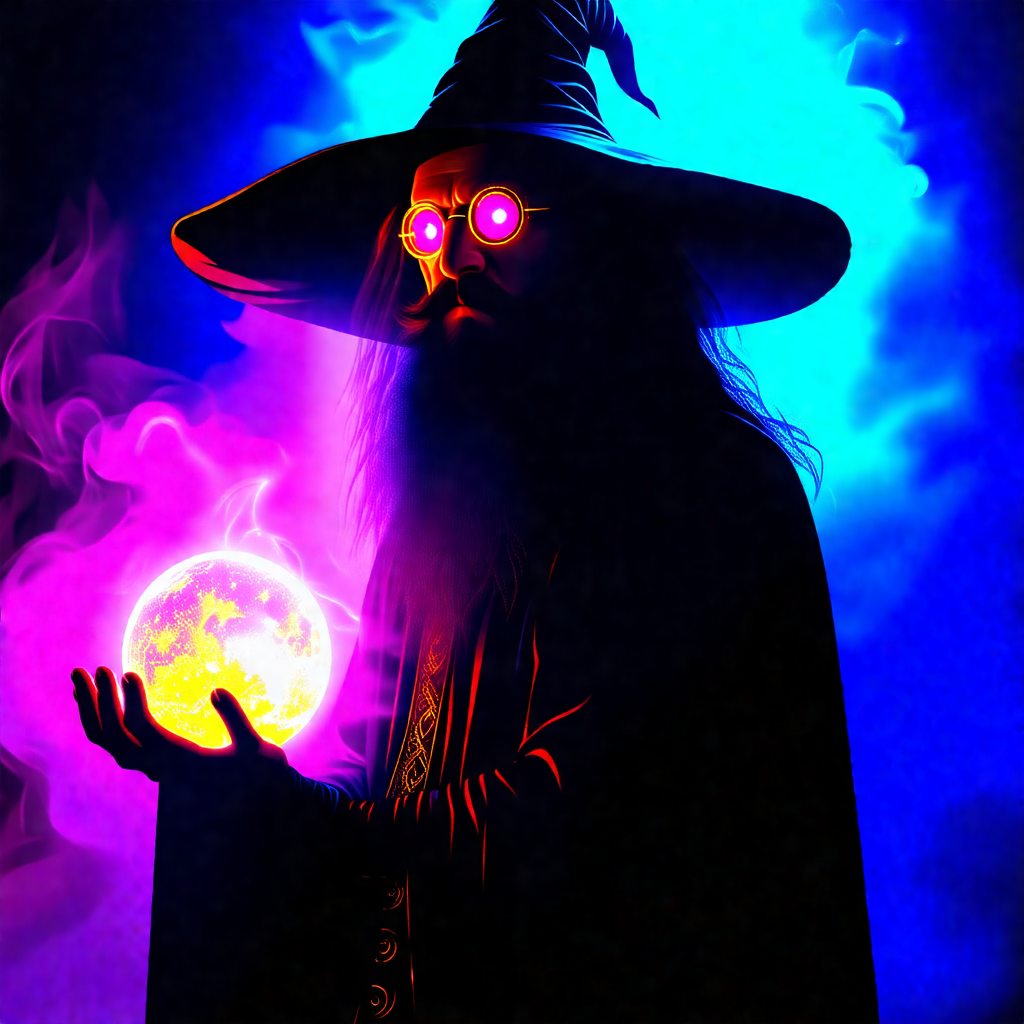 Wizard with a long beard and a pointy hat, holding a glow...