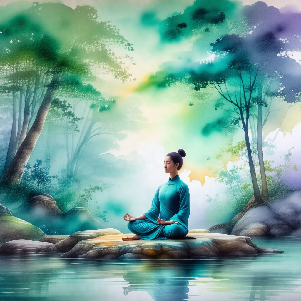 Woman sitting on a rock in a serene environment
