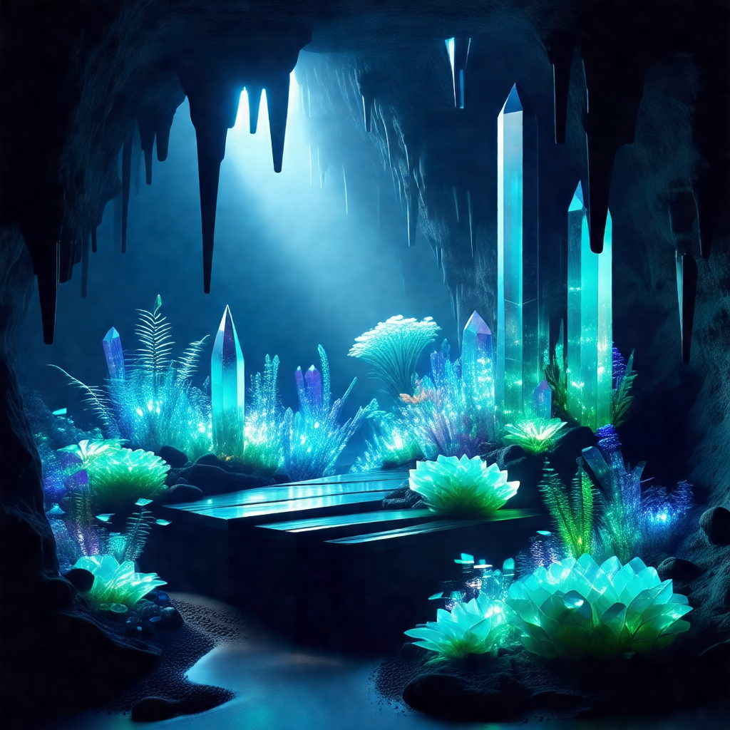 Cave with a blue light illuminating the area