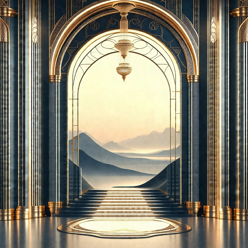Grand entrance to a palace, with a large archway and a st...