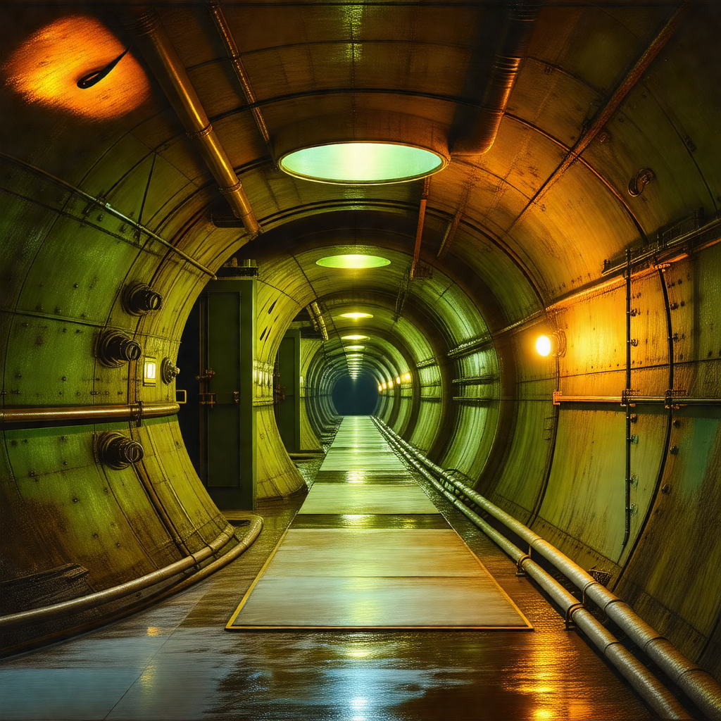 Long, narrow tunnel with a train traveling through it