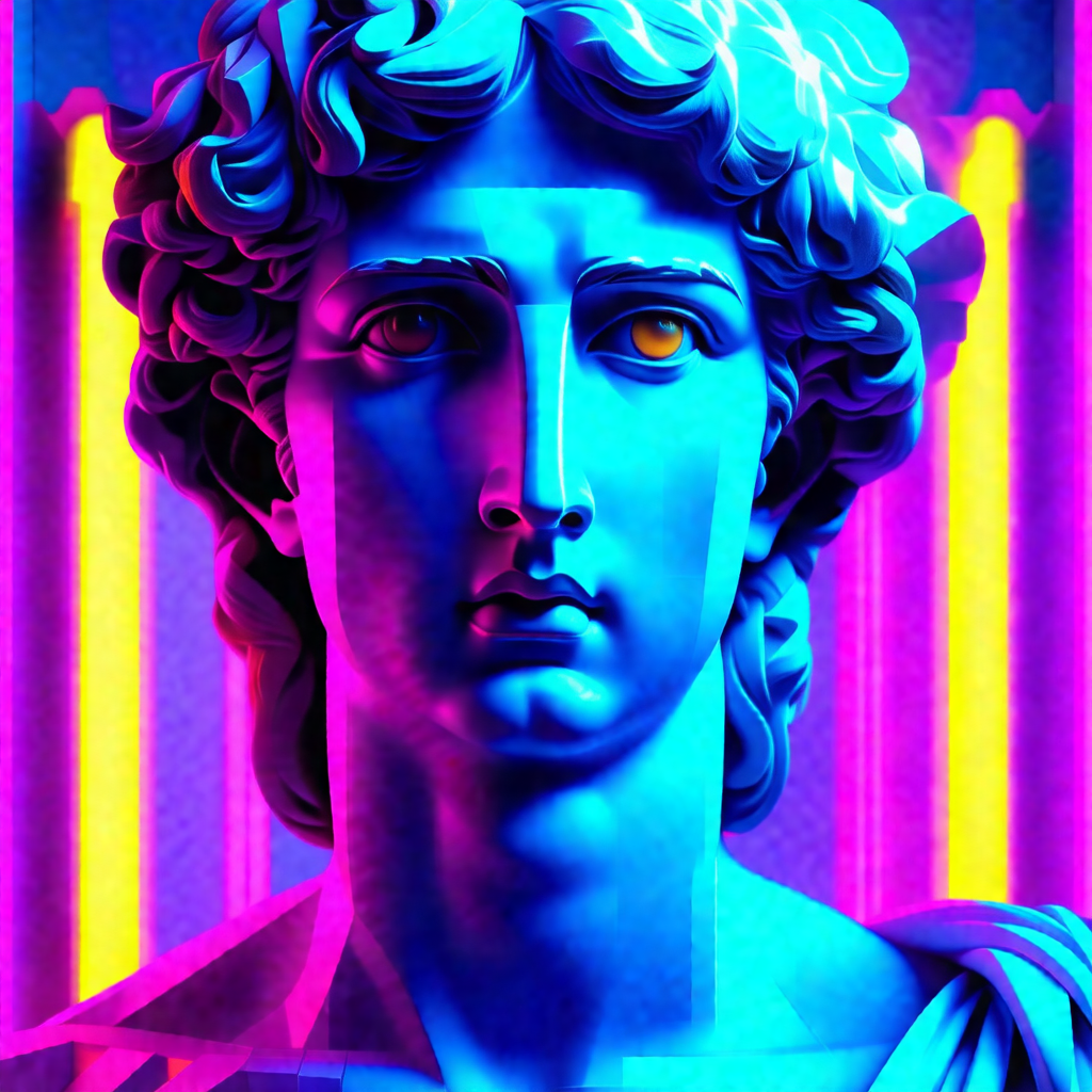 Blue and purple statue of a man with a beard
