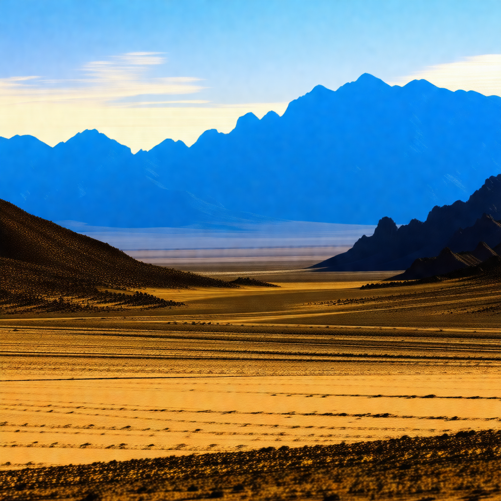 Vast, dry desert landscape with a mountain range in the b...