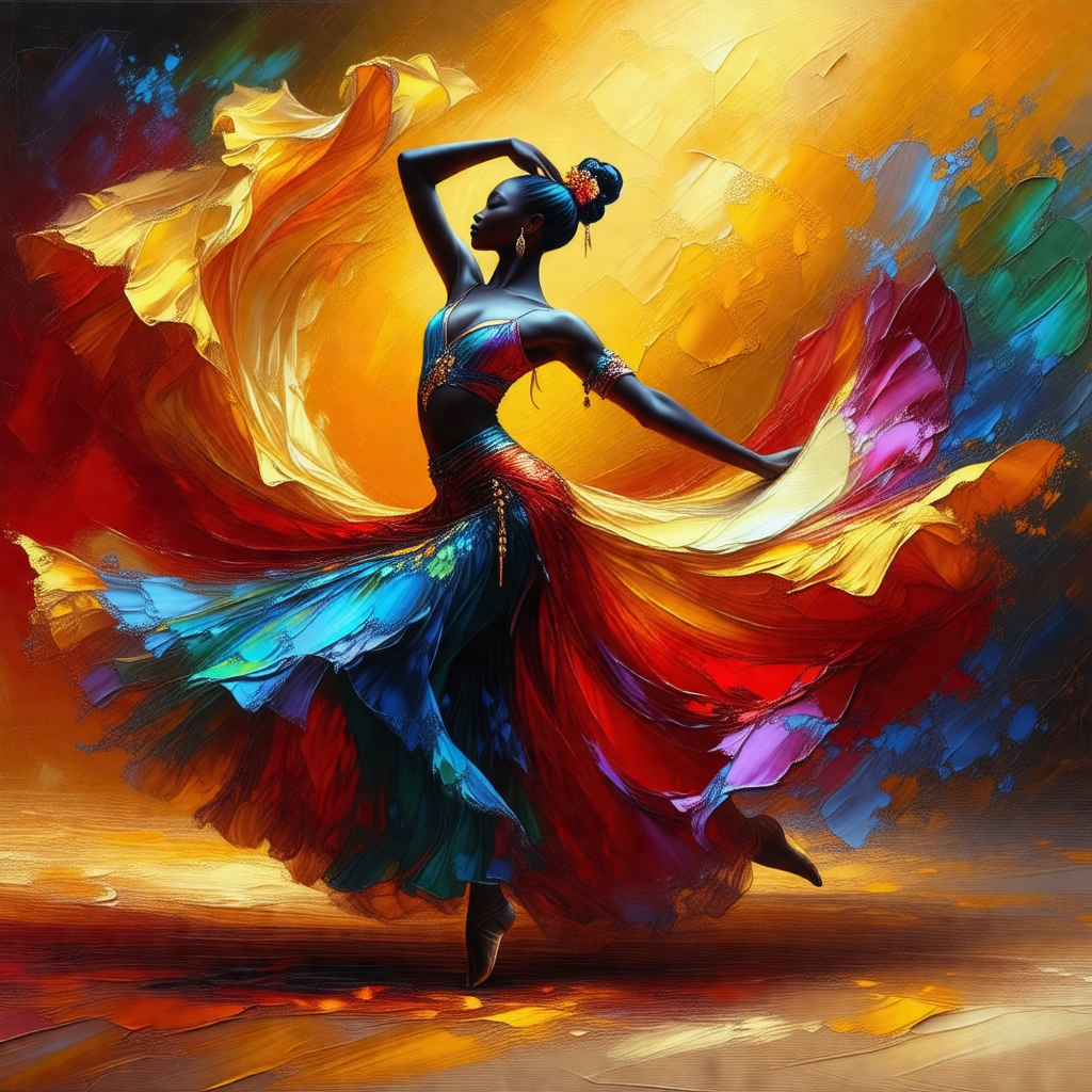 Woman in a colorful dress, dancing in a vibrant and livel...