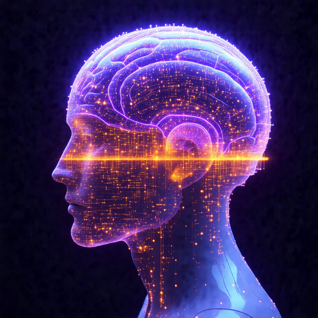 Close-up of a human head, with a focus on the brain and t...