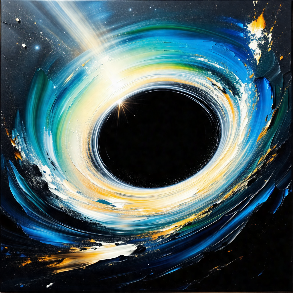 Painting of a black hole, with a bright yellow light shin...