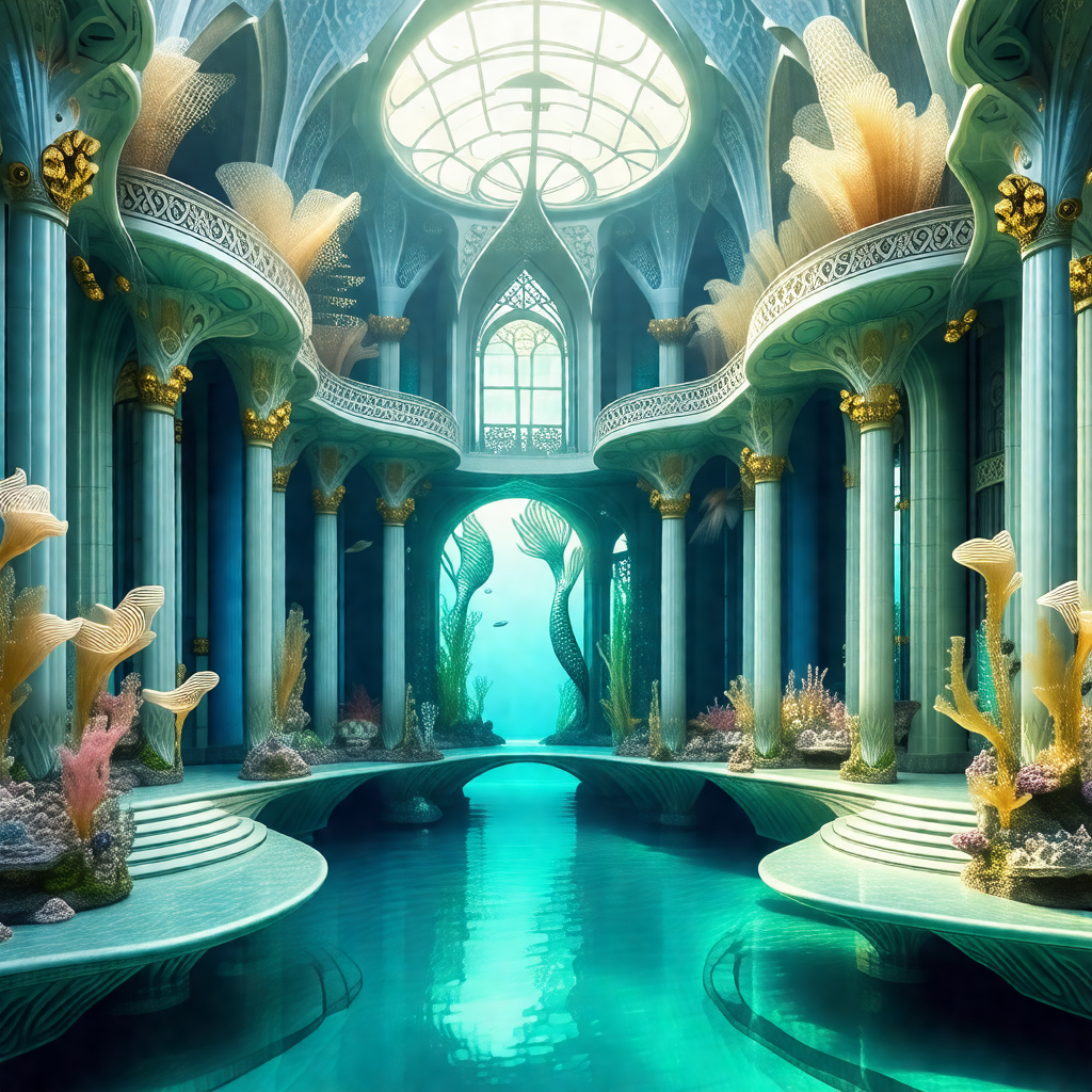 Beautiful underwater palace with a blue waterway flowing ...