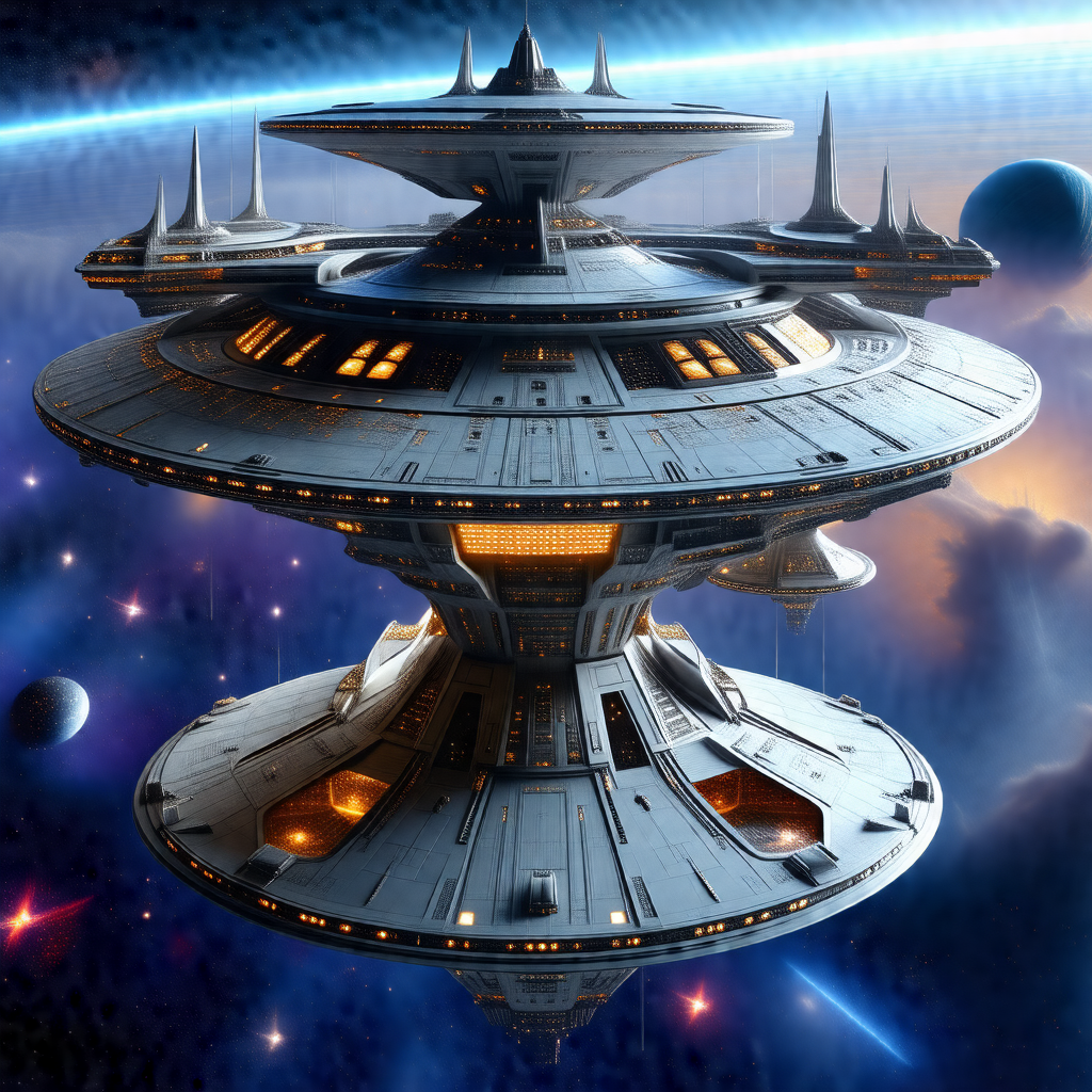 Futuristic space station with a large, round, white struc...