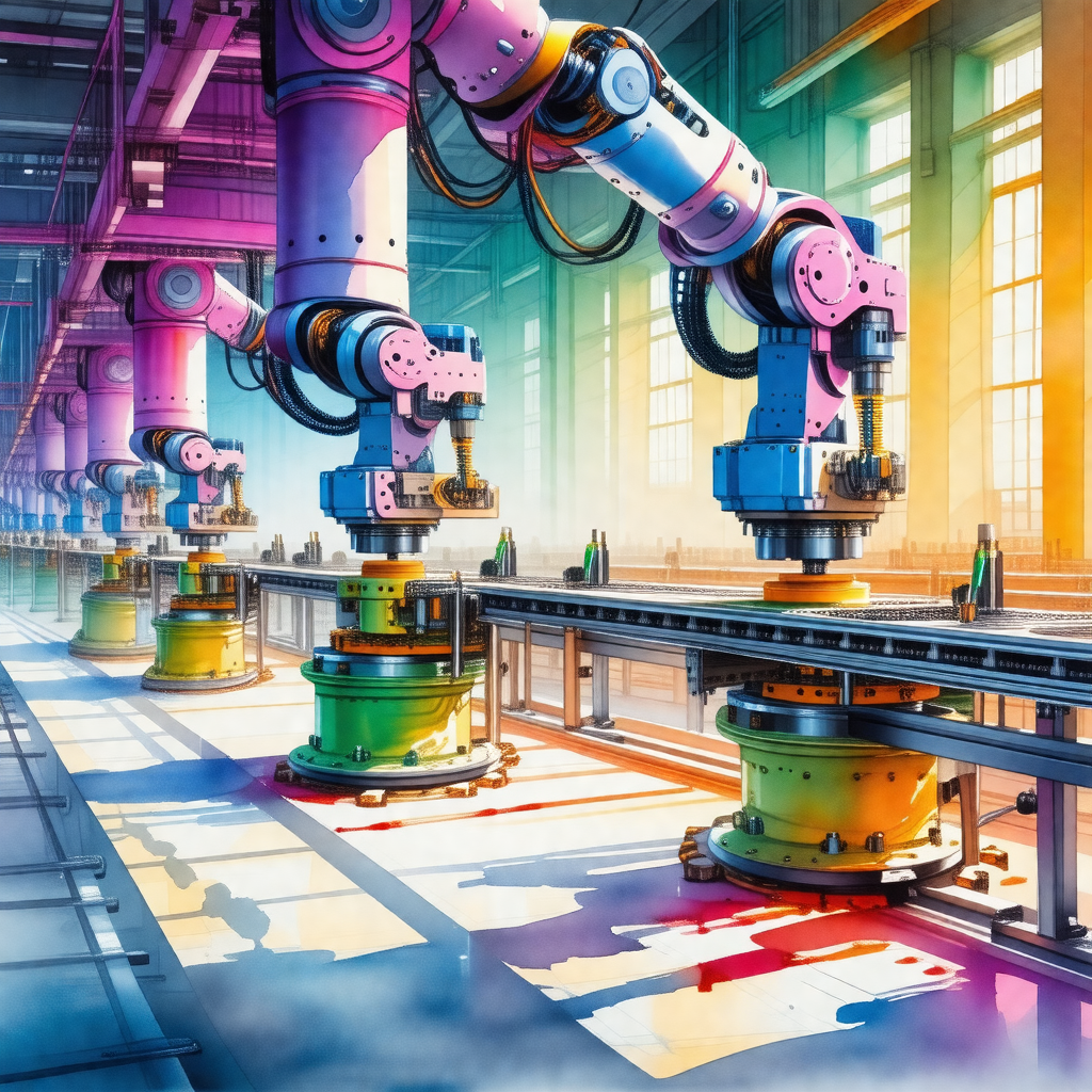 Colorful and detailed illustration of a factory floor fil...
