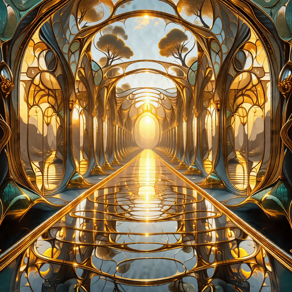 Painting of a long, narrow hallway with a golden glow