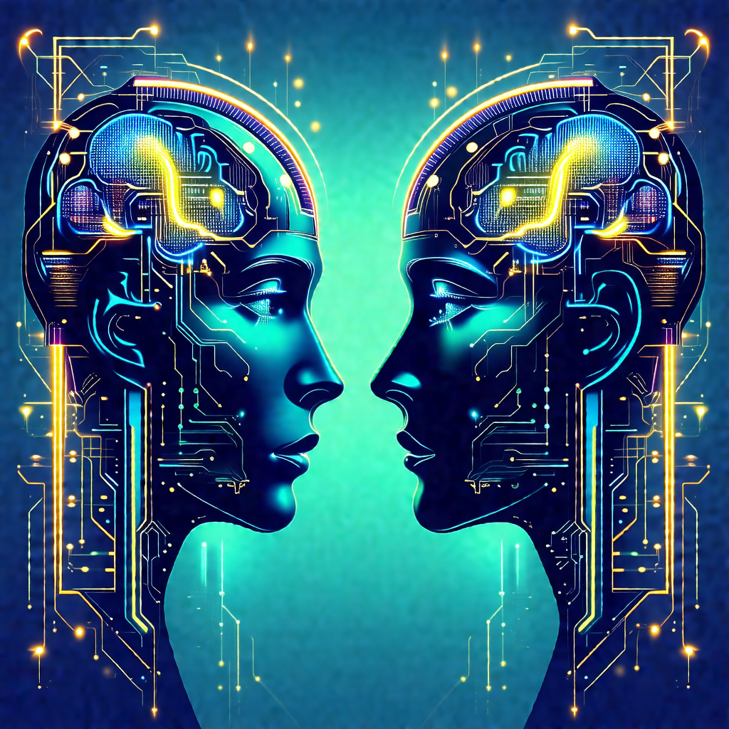 Two faces, each with a blue background