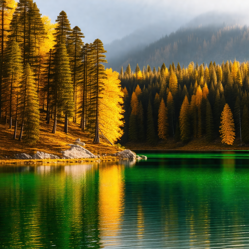 Serene scene of a lake surrounded by a forest of trees