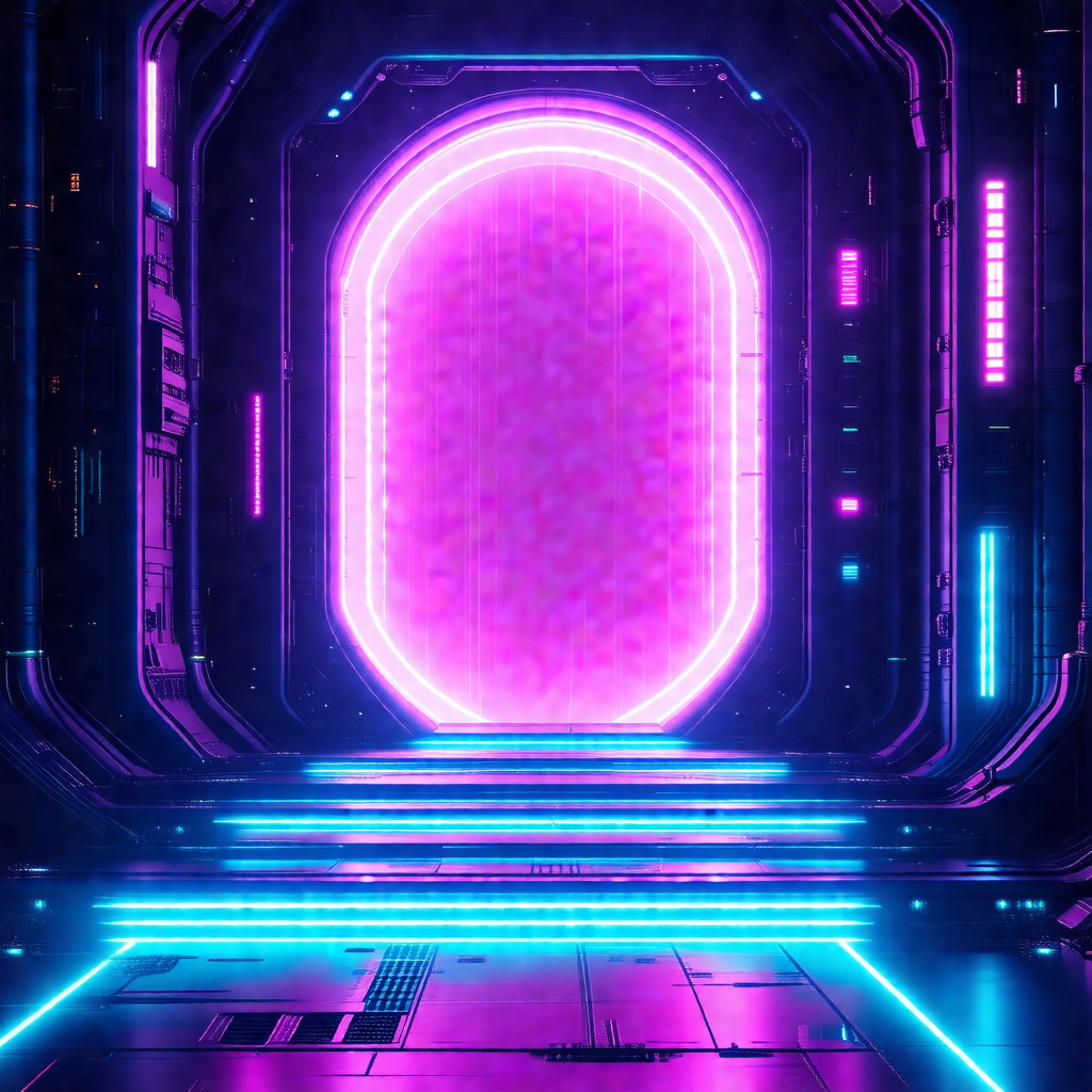 Futuristic room with a large, brightly lit door that stan...