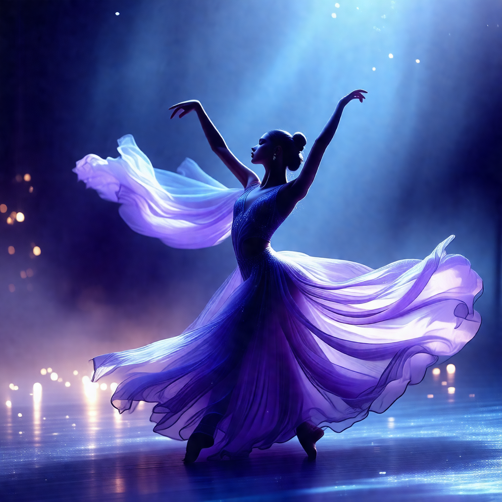 Woman in a purple dress, dancing on a stage