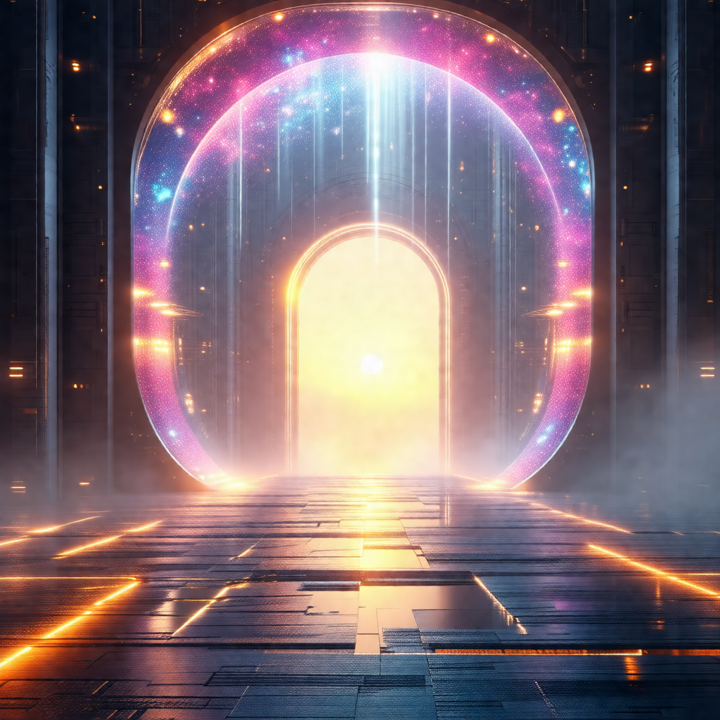 Futuristic scene with a large, open doorway that leads to...