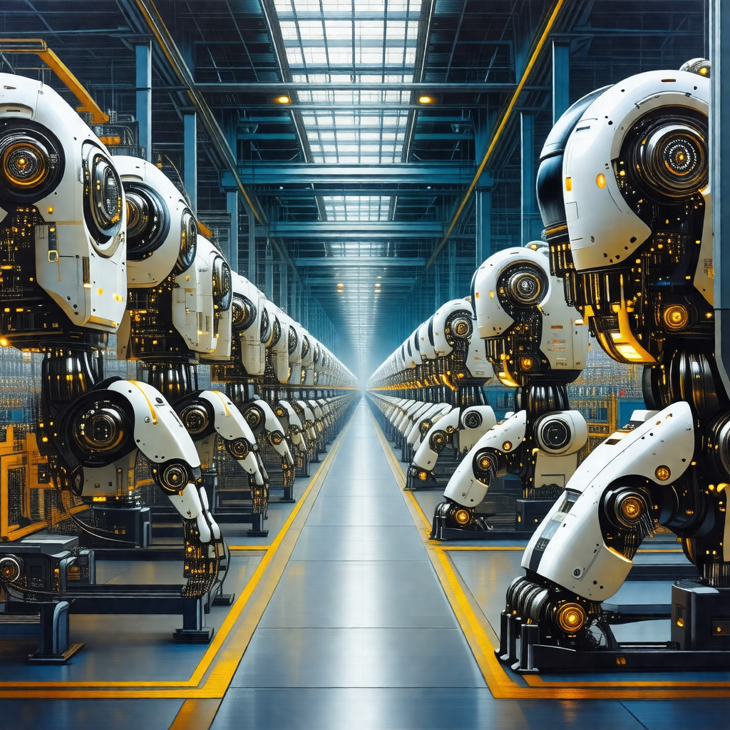 Factory with a large number of white robots lined up in a...