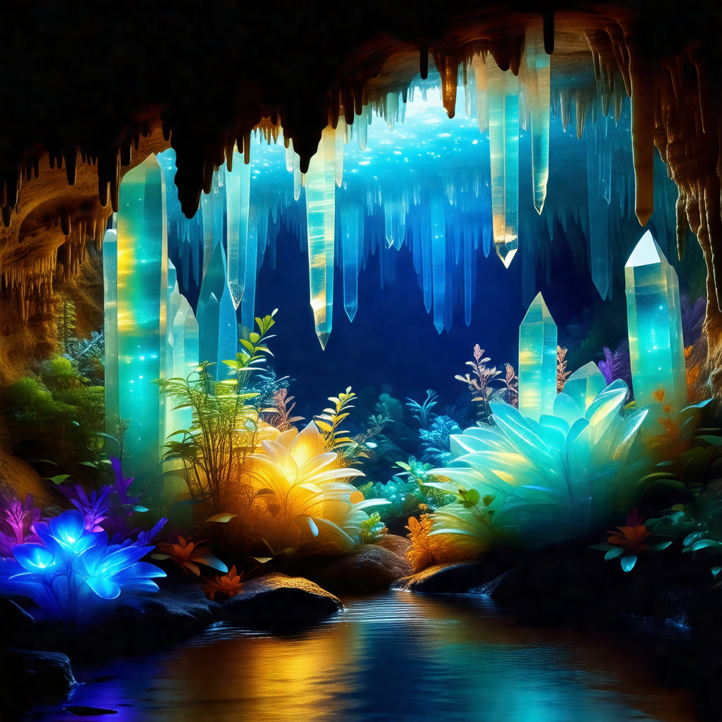 Colorful and detailed illustration of a cave with a river...