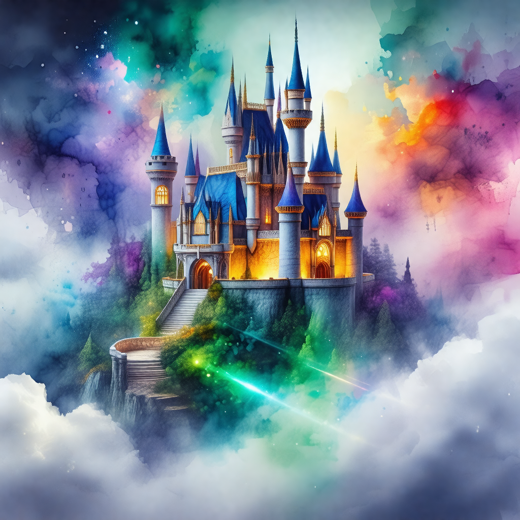 Colorful, fantasy-like painting of a castle, with a rainb...