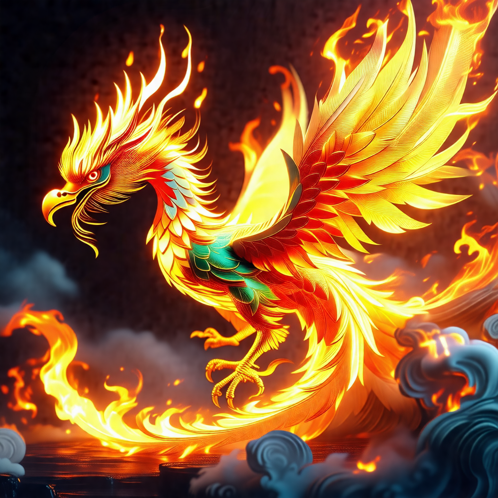 Large, colorful dragon with a long neck and a fiery tail