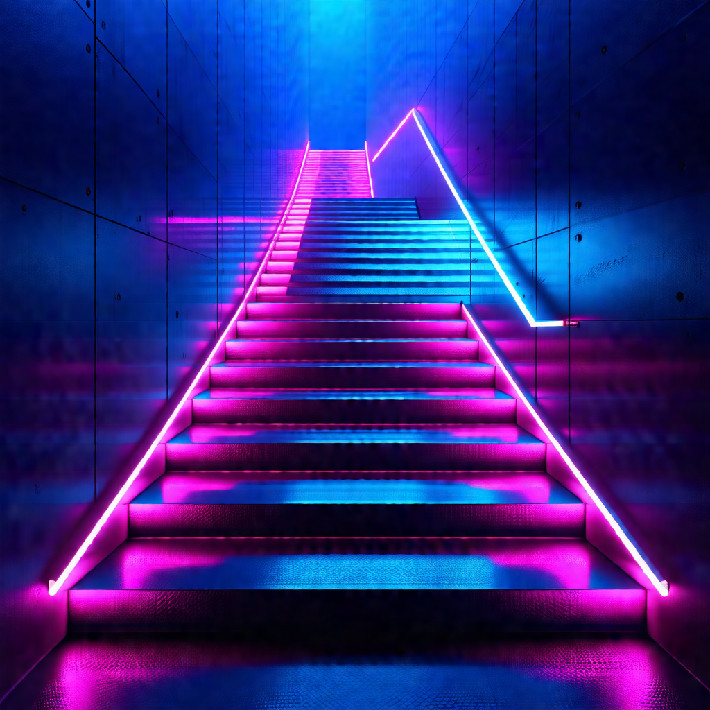 Staircase with a blue and pink lighting effect, giving it...