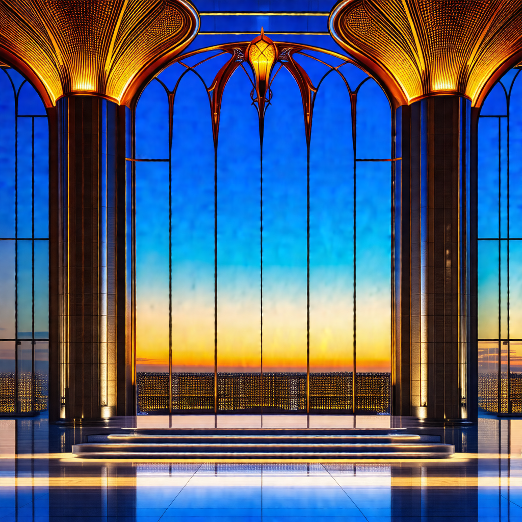 Large, open building with a beautiful view of the sunset