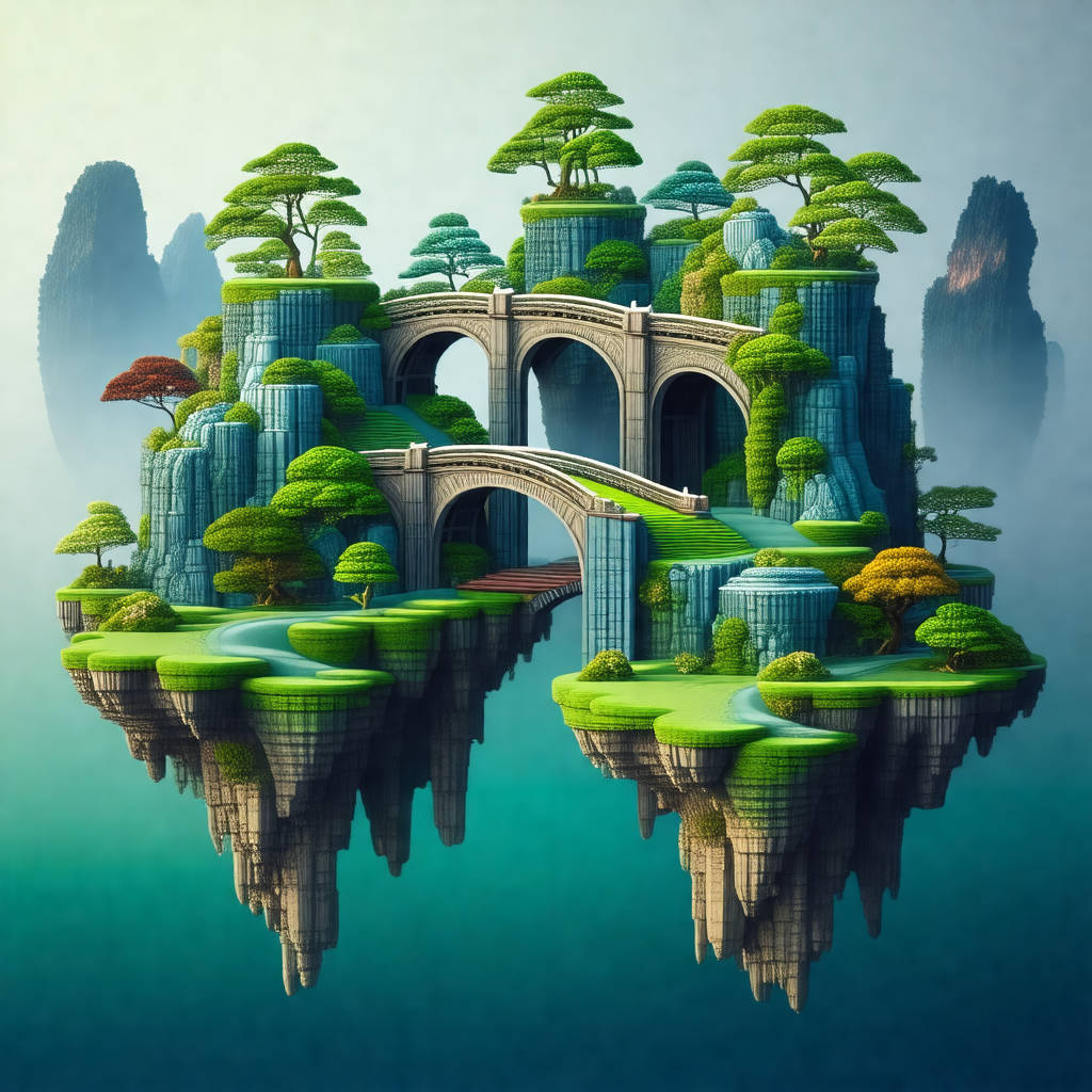 3d digital artwork of a small island with a bridge connec...