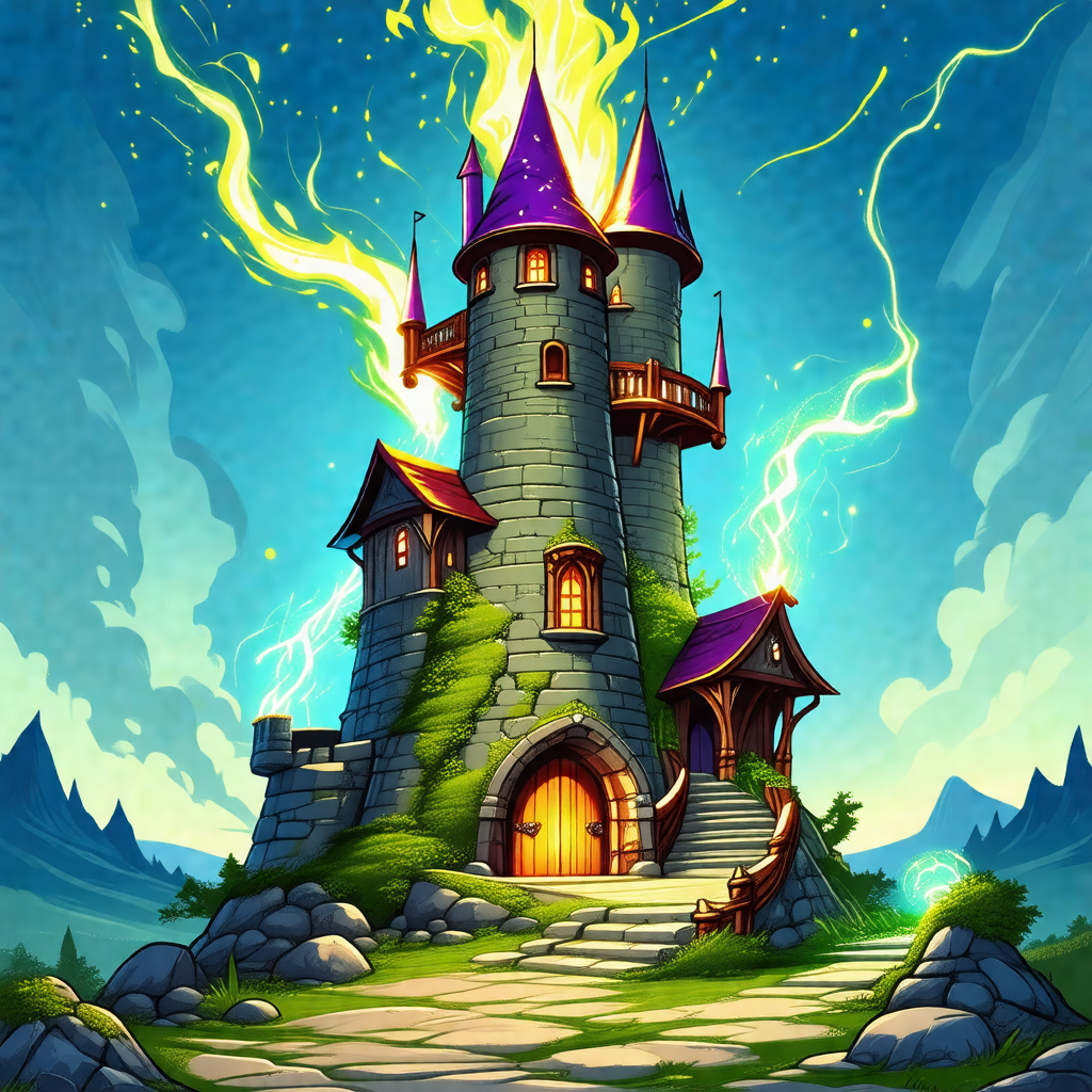 Large, colorful castle with a purple roof, surrounded by ...